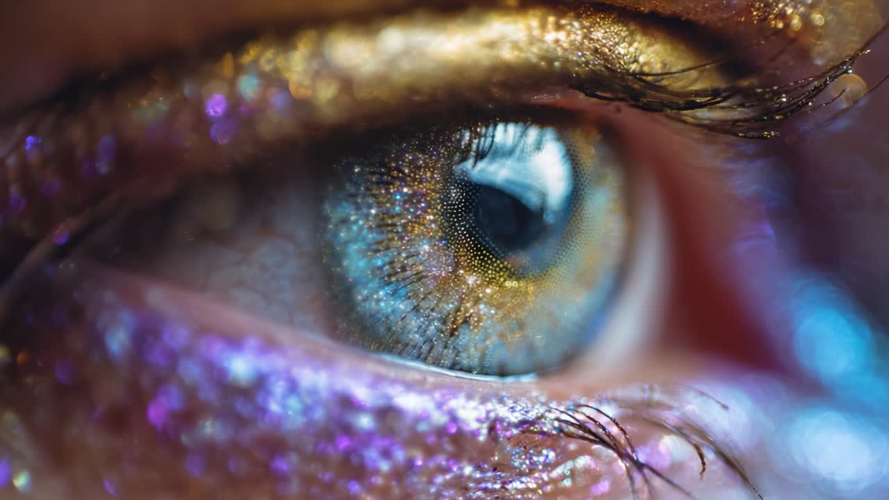 A Captivating Close-Up of an Eye Adorned with Glittering Makeup, Showcasing Vibrant Blue and Gold Hues, Reflecting Light and Beauty with Intricate Details and Shimmering Effects Enhancing the Visual Impact
