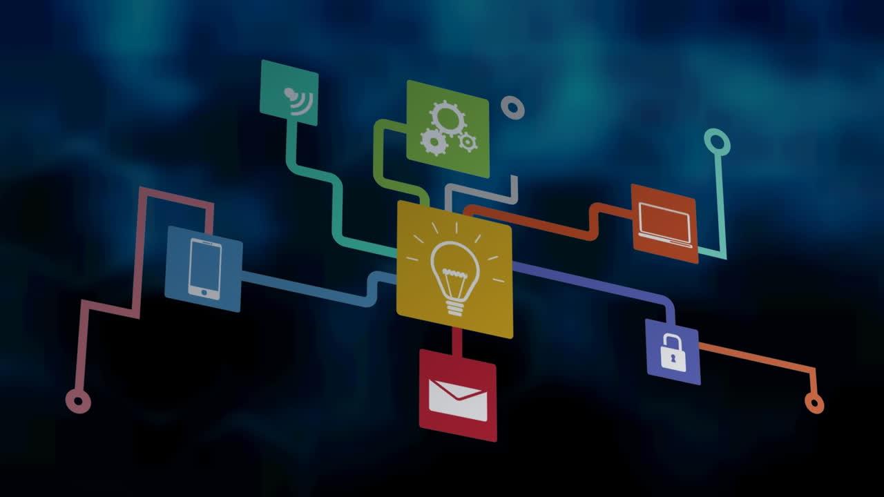 Animation of network of connections with icons over digital screens