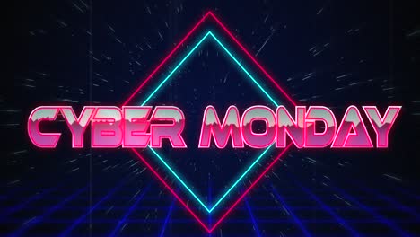 Retro-Cyber-Monday-Text-Glitzert-über-Blauen-Und-Roten-Quadraten-Auf-Weißem-Hyperraumeffekt