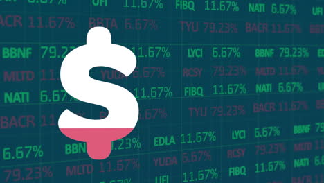 animación del símbolo del dólar estadounidense y procesamiento de datos financieros.