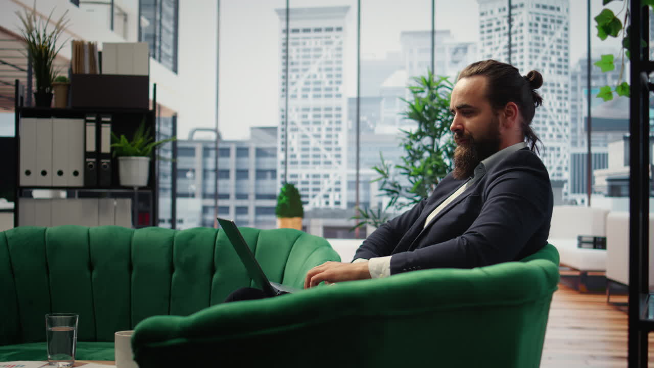 Vertical Video Successful male entrepreneur reflecting about career and achievements