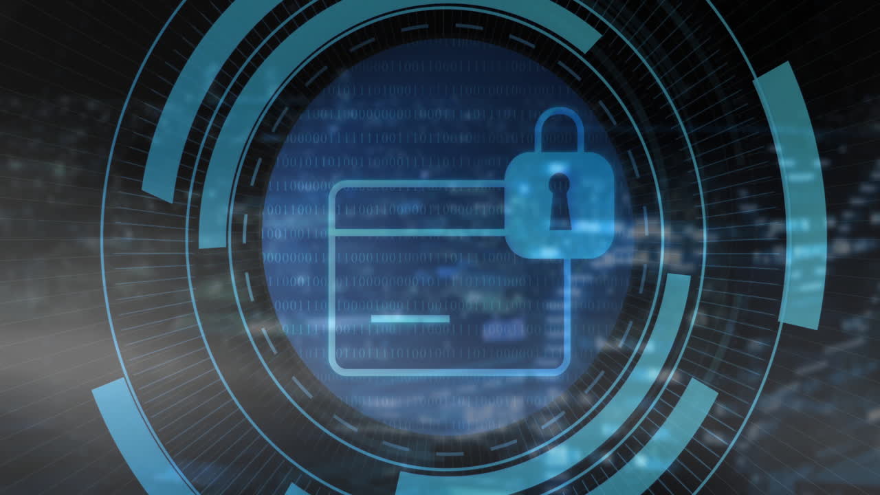 Glowing credit card outline floating in dark HUD, streaming binary code and featuring padlock icon