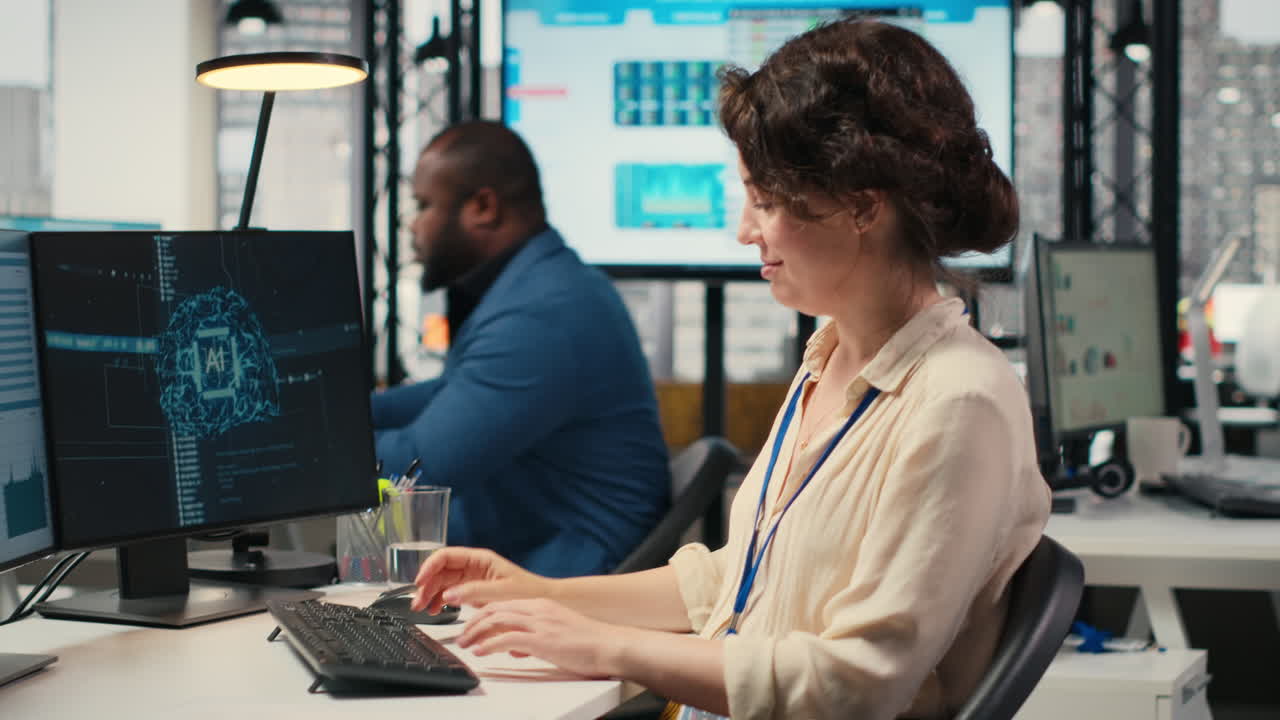 Vertical Video Cheerful businesswoman being proud of good infographics with AI tools