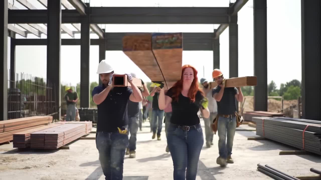 Operai edili che trasportano legname e materiali da costruzione in cantiere, mettendo in mostra il lavoro di squadra e gli sforzi del settore in corso