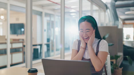 winner, laptop or happy employee with success