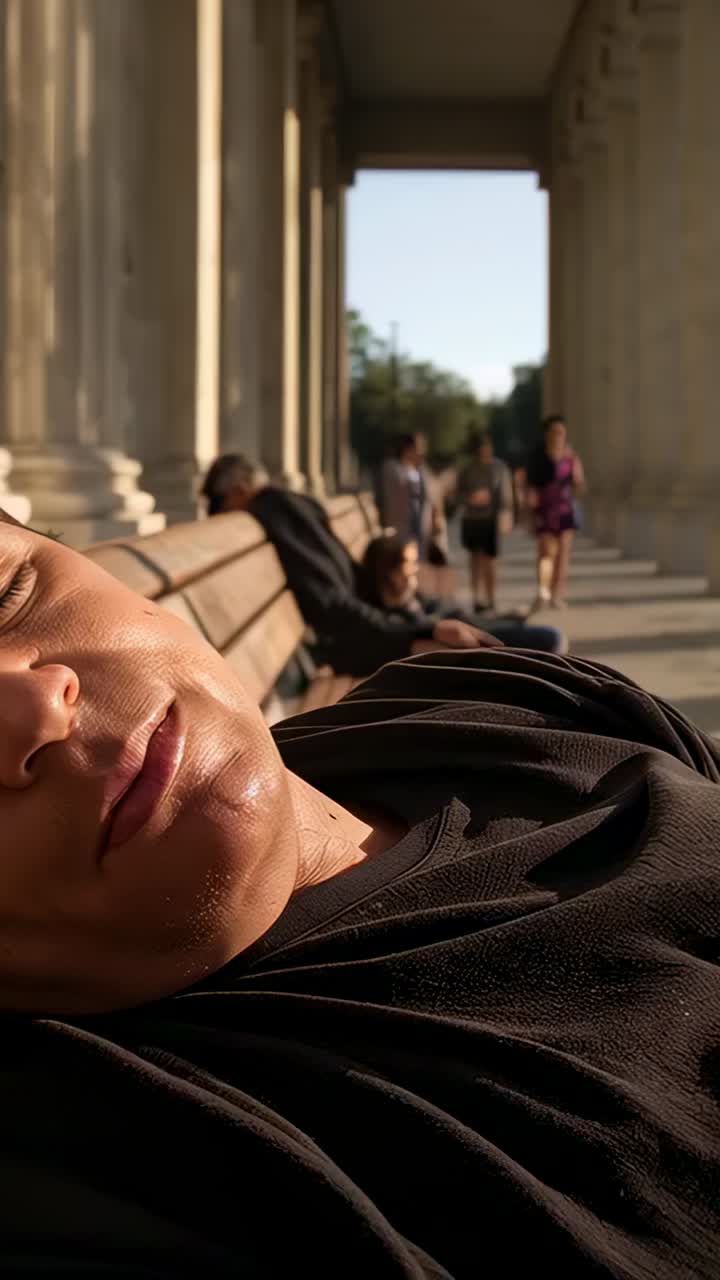 Vertical video: Camera pulling back showing resting man in black tee on colonnade bench sun warming