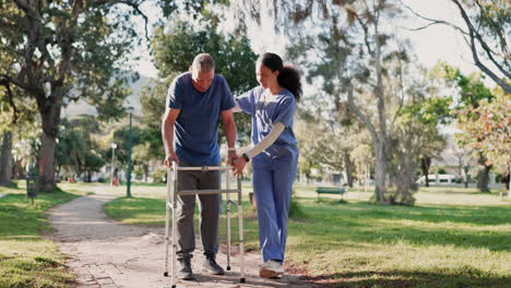 Walking,-senior-man-and-nurse-help-outdoor