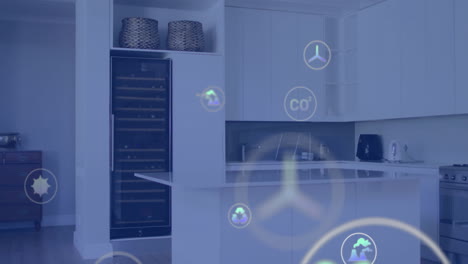 código de programación y animación de visualización de datos sobre el interior de la cocina moderna