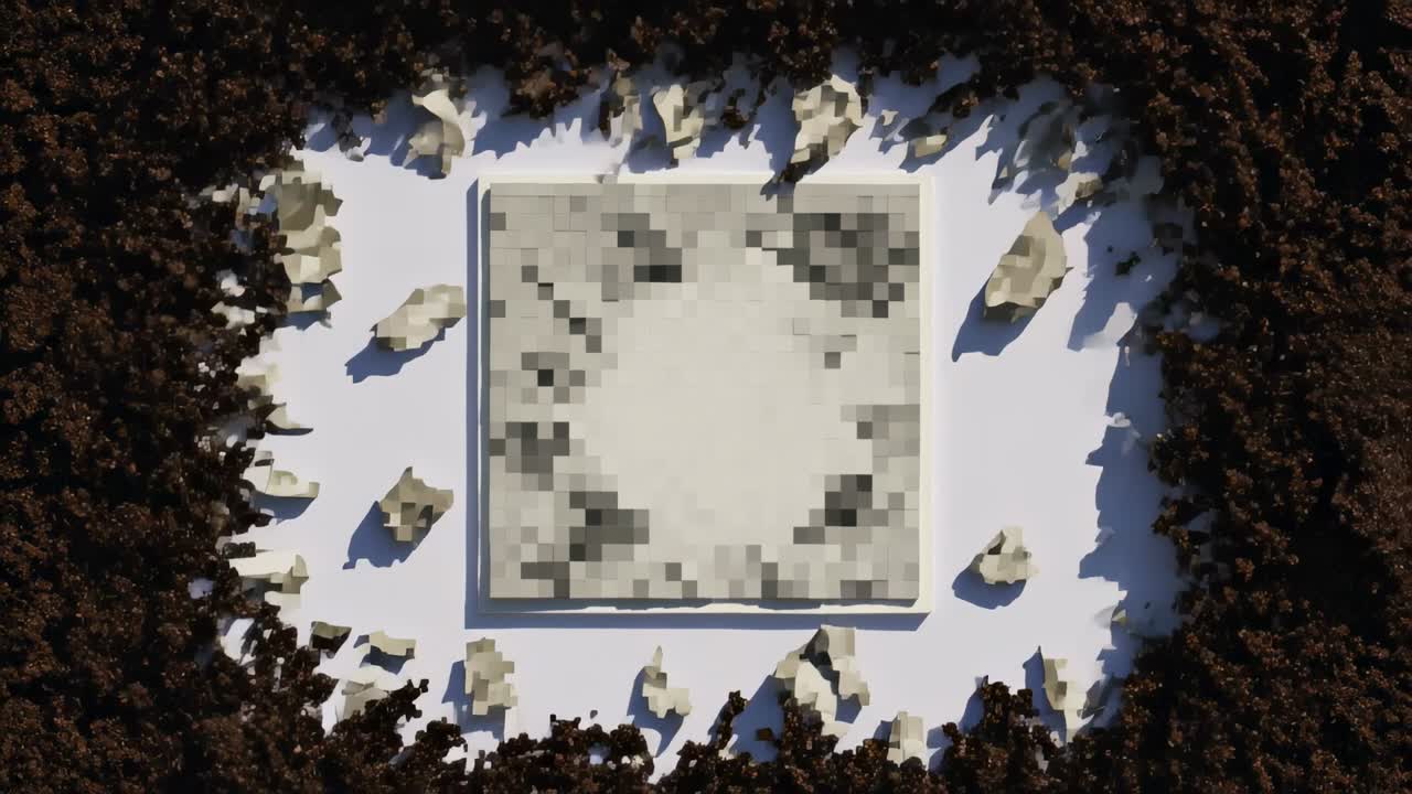 Dark fragments appearing at edges, encircling square block on white plane with mosaic top, stones