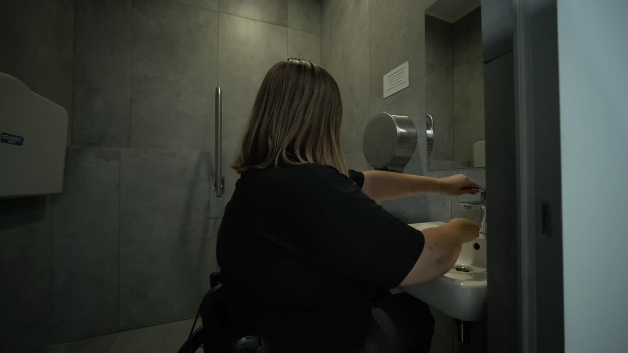 una mujer en silla de ruedas utiliza un baño público accesible, destacando la importancia del diseño inclusivo y la accesibilidad en las instalaciones cotidianas. la escena hace hincapié en la independencia y la infraestructura moderna.
