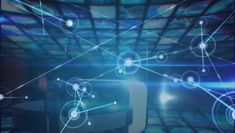 animation of network of connections with light trails over shapes on black background