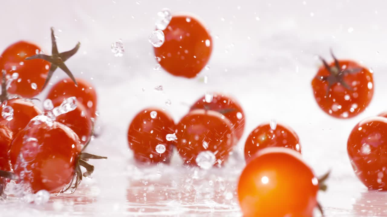 Fresh water splash on red Cherry tomatos. Shot on super slow motion camera 1000 fps