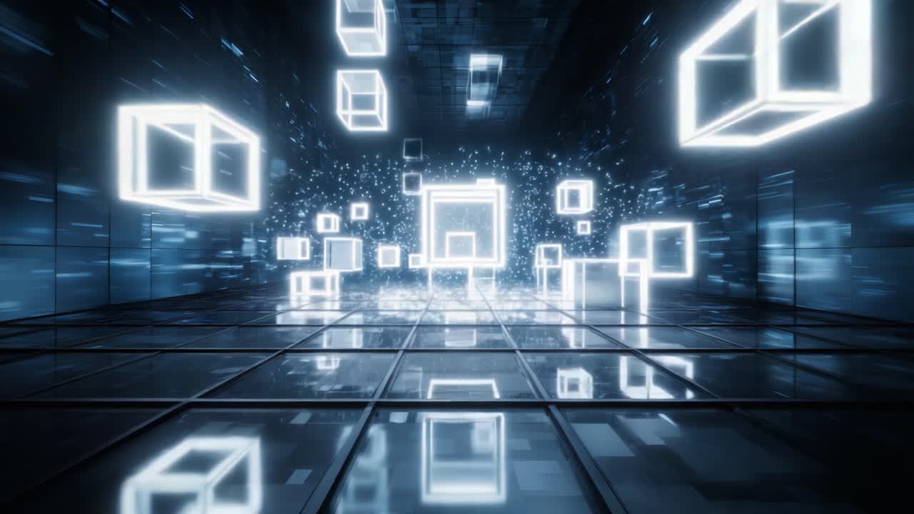 A mesmerizing digital space filled with glowing geometric shapes, creating a stunning visual experience that captures the essence of modern technology and futuristic design