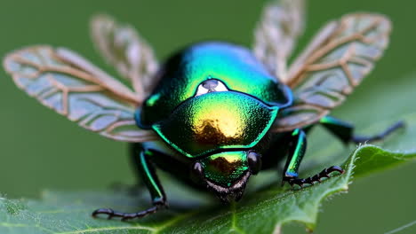 close-up of an iridescent green beetle on a leaf