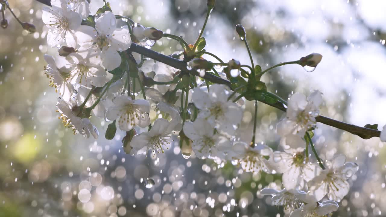 春の雨の滴が桜の花に落ちる スーパースローモーションカメラで撮影された