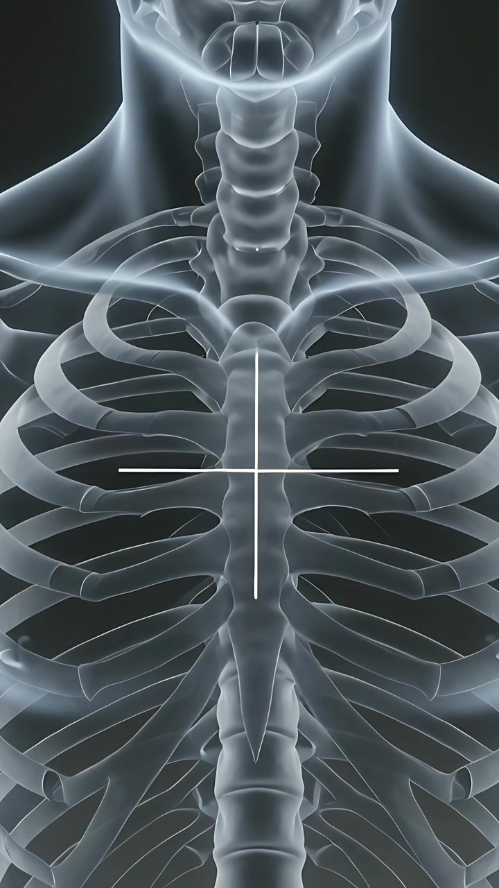 Video verticale: Overlay guida a forma di bersaglio che appare e segna lo sterno su una radiografia del torace, allineando la linea mediana.