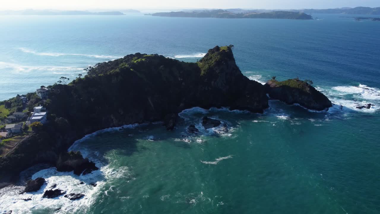 AERIAL Fly-Away Shot of a Stunning Cape in Bay of Islands, New Zealand