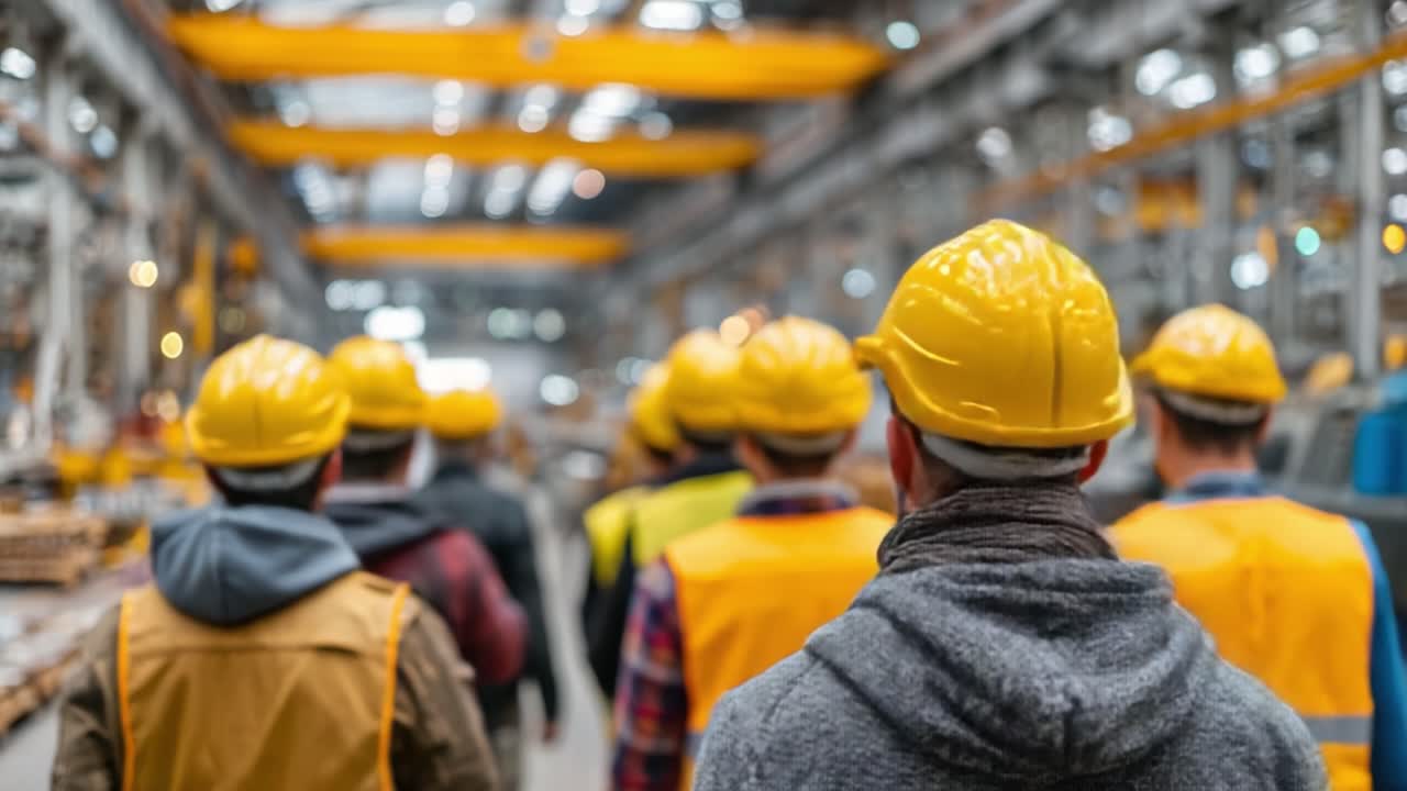 Group of construction workers in hard hats and high-visibility vests, walking through a large industrial warehouse, focused on teamwork and safety protocols