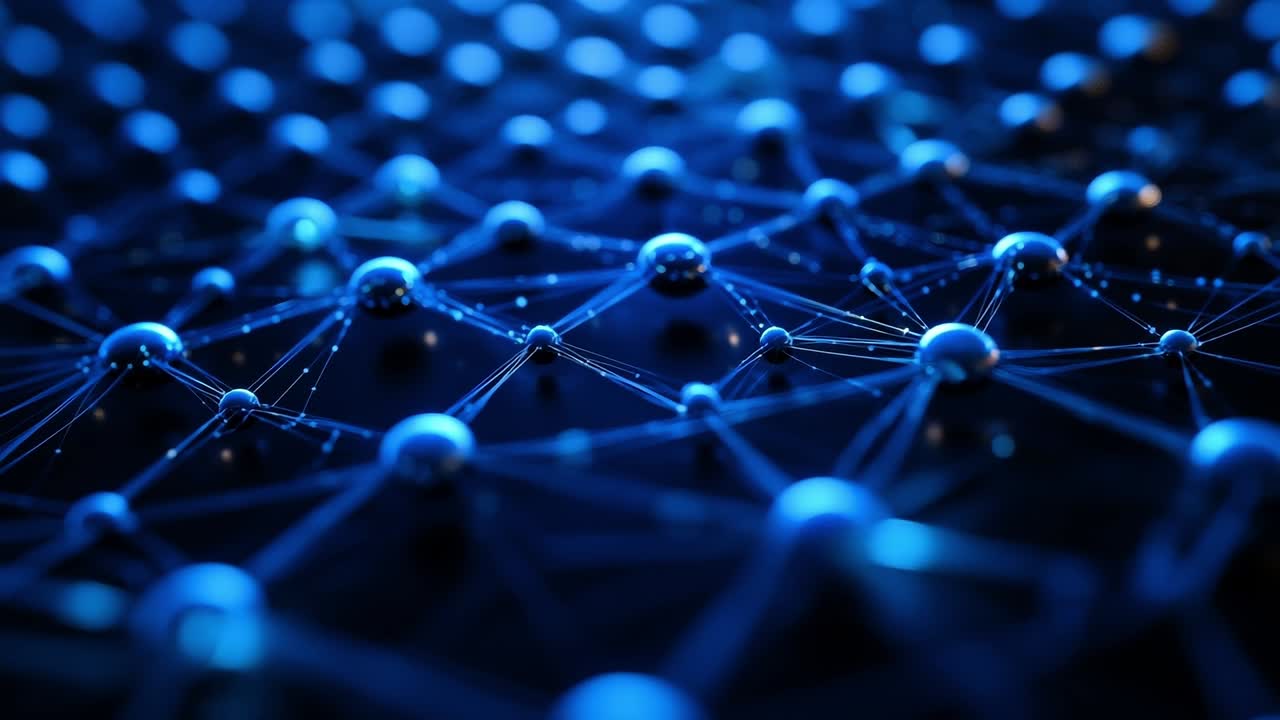 Blue digital network links. Close-up view of a digital network showcasing interconnected nodes and lines in vibrant blue shades.