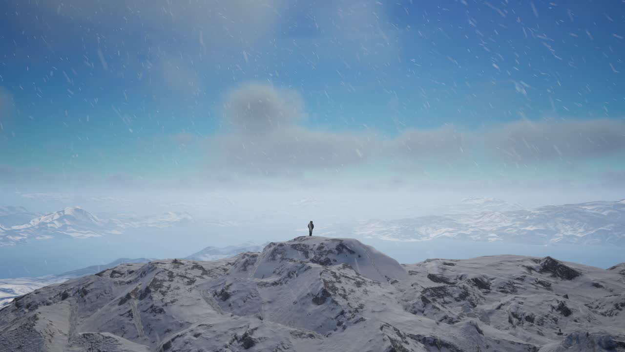 눈 인 산 꼭대기에 서 있는 사람. 추운 눈이 쌓인 풍경, 공중 풍경, 비현실적인 4k 스크린