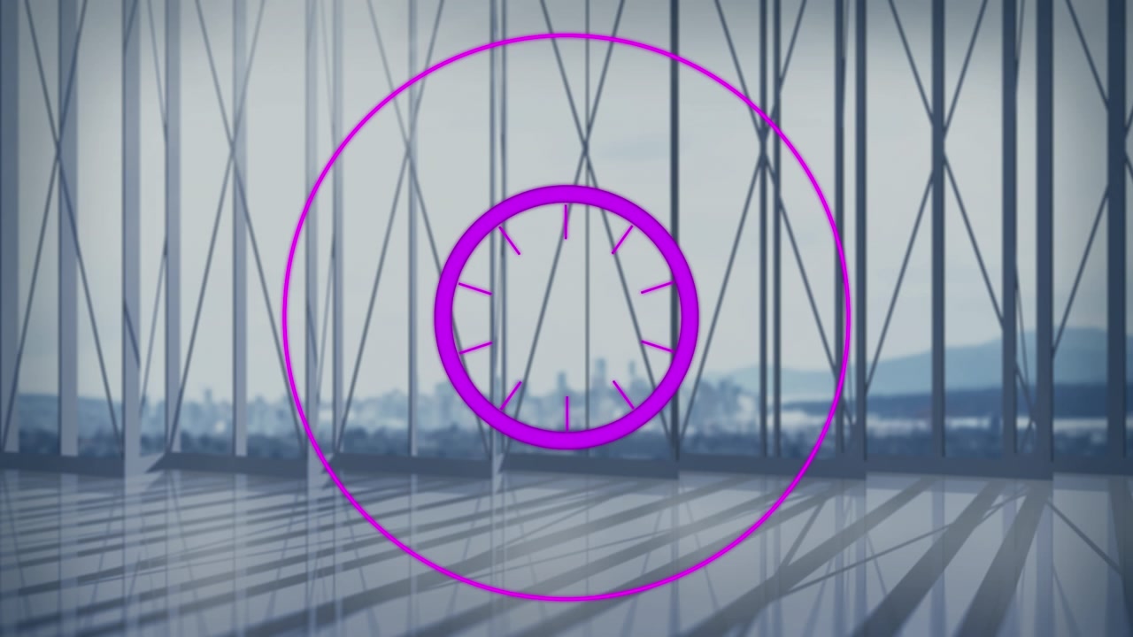 Animation af lilla scanningsfelt, der scanner over moderne bygning og bybillede