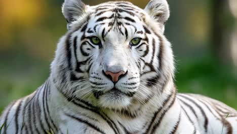 a white tiger laying in the grass looking at the camera