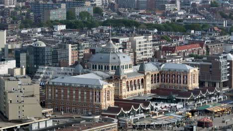 The-FamousThe-Kurhaus-of-Scheveningen,-The-Hague,-Netherlands,-Slow-Circulating-Cinematic-Aerial-Establishing-Shot,-Wide-Angle