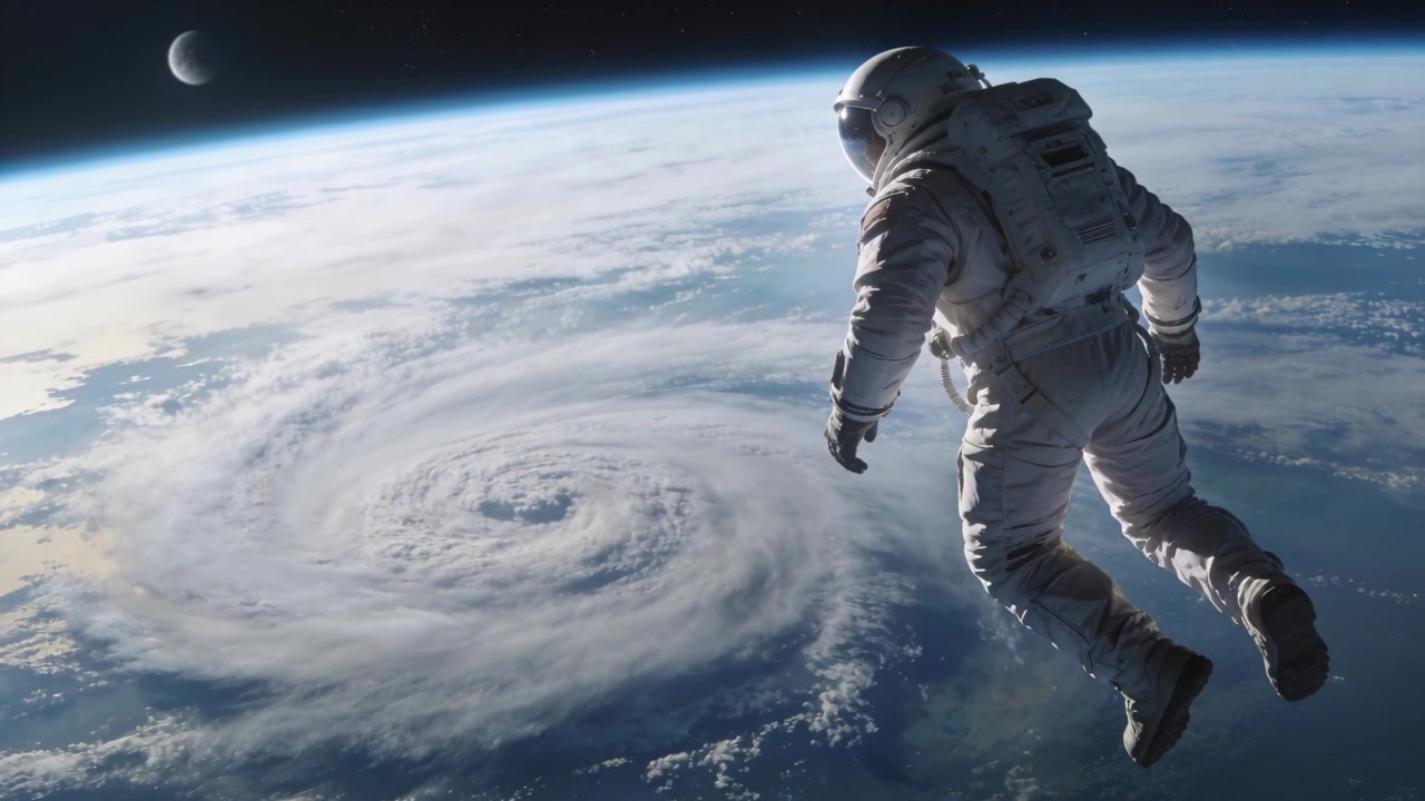La caméra démarre sur un astronaute flottant en combinaison, observant l'œil d'une tempête en orbite, avec espace pour le texte.