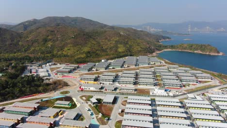 covid19 quarantine compound buildings in the outskirts of hong kong, aerial view