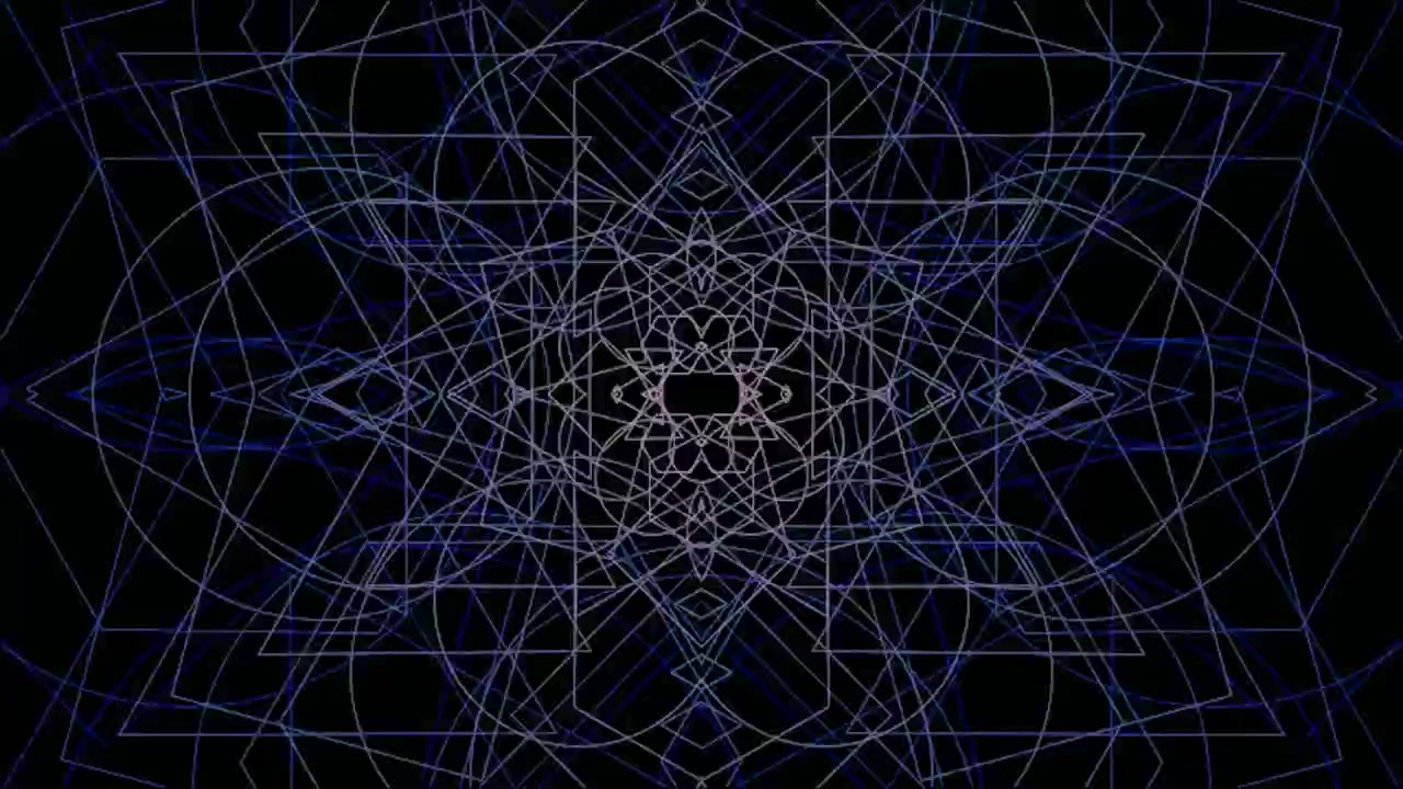 Motivo caleidoscopico geometrico astratto con linee blu e bianche pulsanti