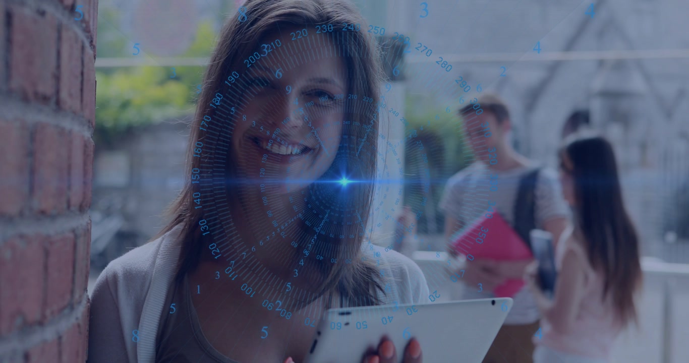 Teen tapping white tablet on campus opening blue HUD aligning over user or tablet, viewing app