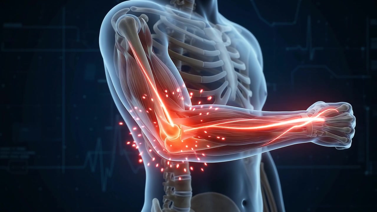 Animazione medica 3D del dolore e dell'infiammazione dell'articolazione del gomito
