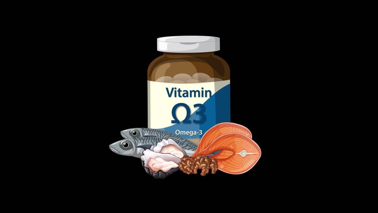 Omega-3 supplement bottle animates with fish, shellfish, and nuts on black background, smooth transitions