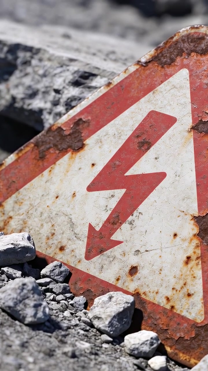 Video verticale: Telecamera che ingrandisce e documenta un cartello triangolare arrugginito con simbolo di fulmine tra le macerie.