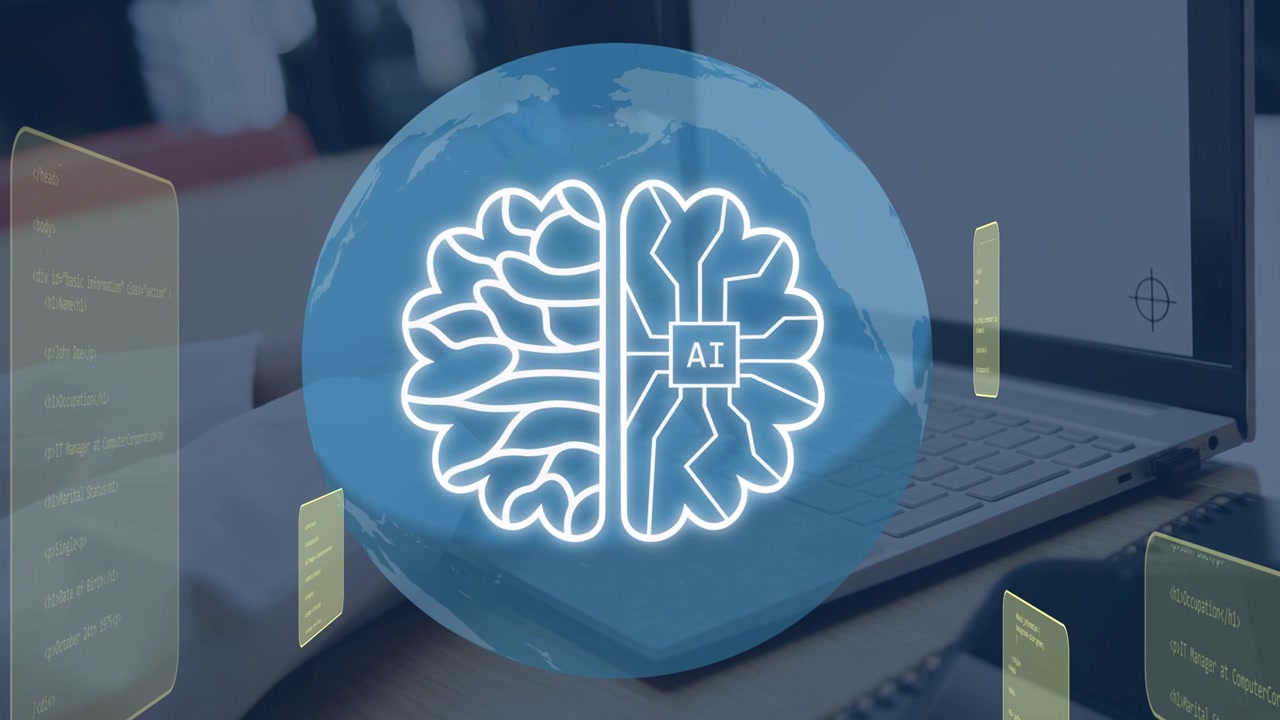 Woman typing on laptop activating blue globe above keys with cloud morphing into circuitry AI chip