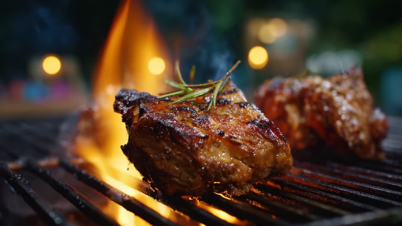 Sizzling Meat on Grill with Flames: A Captivating Close-Up of Juicy Barbecue Perfection Surrounded by Glowing Bokeh Lights, Highlighting the Art of Outdoor Cooking and Grilling Joy