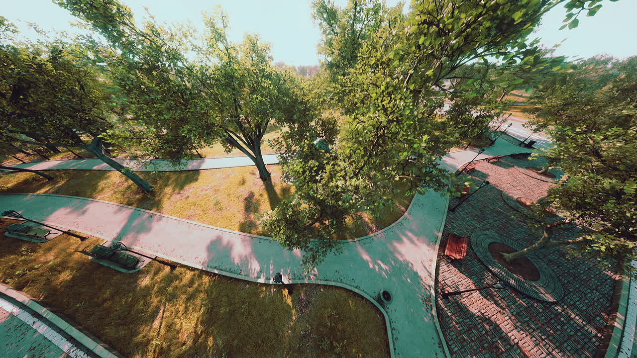 escena del parque con senderos sinuosos y árboles exuberantes