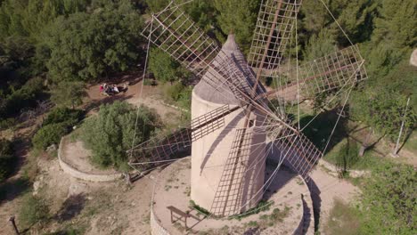 Close-up-shot-of-Moli-de-Sa-Planeta-at-Andratx-Mallorca-during-day-time,-aerial