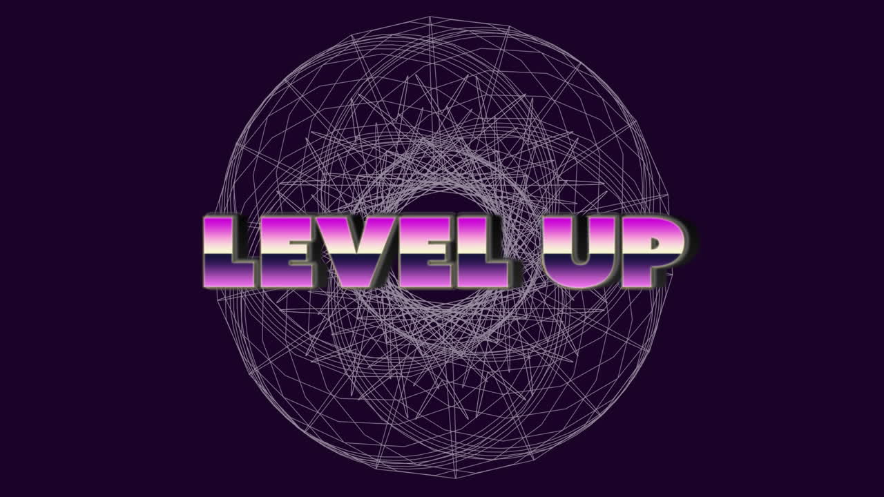 Animation of level up text over moving graphics on dark background