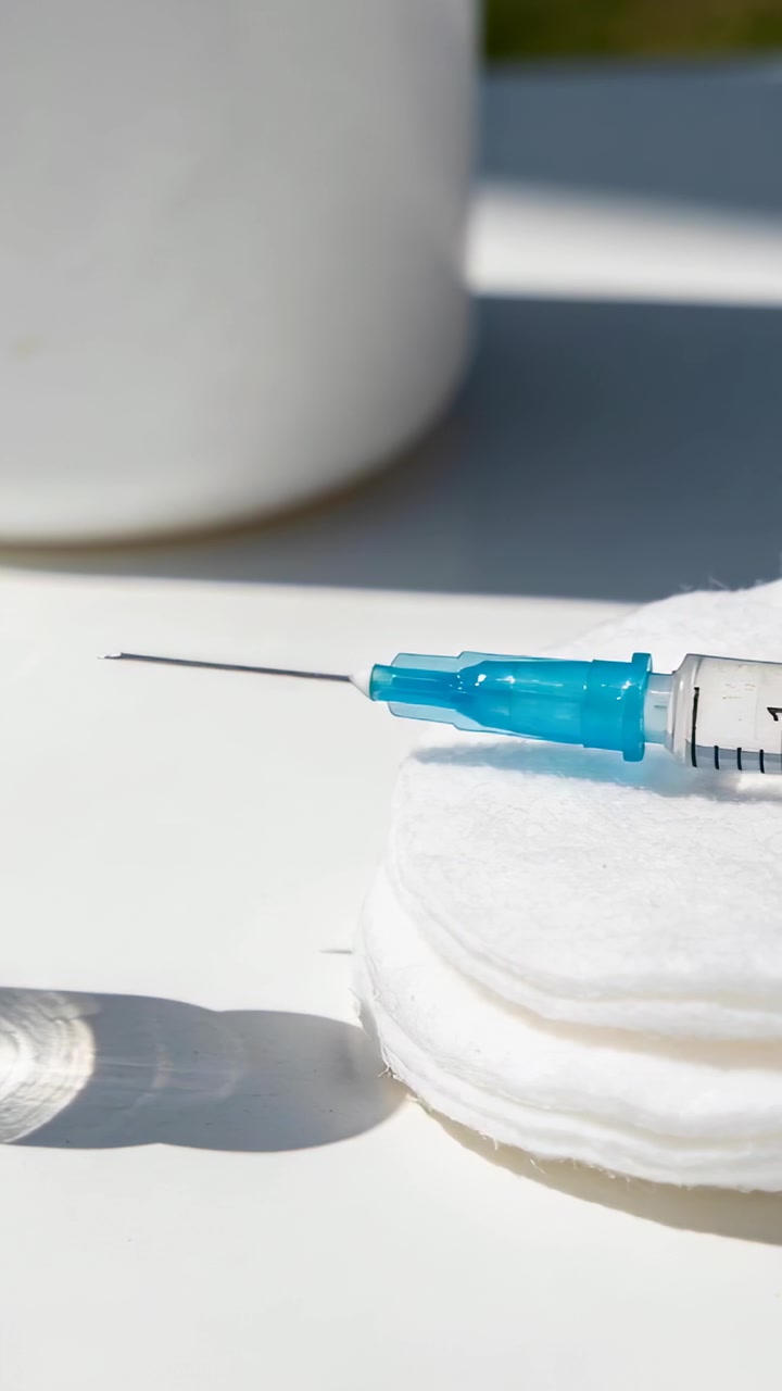 Vertical video: Sunlight bathing syringe with blue needle hub on white table cotton pads for shot