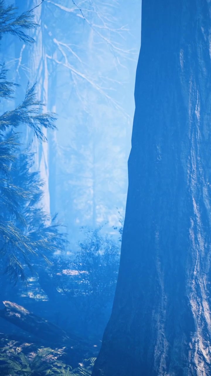 Forest scene with tall trees and fog during morning light in blue tones