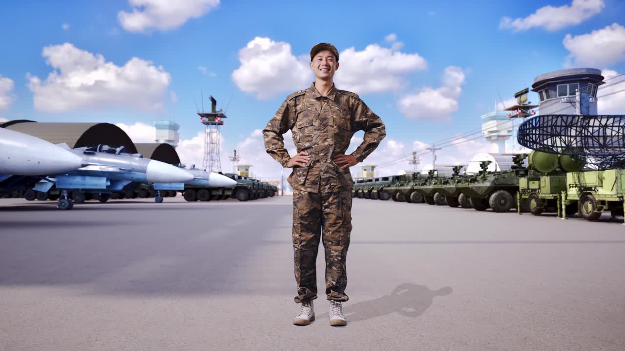 아시안 남성의 몸이 가득한 군인이 팔을 들고 서서 카메라를 바라보고 군 캠프에서 웃고 있습니다.