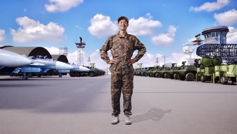 cuerpo lleno de hombre asiático soldado de pie con los brazos akimbo mirando a la cámara y sonriendo en el campamento militar