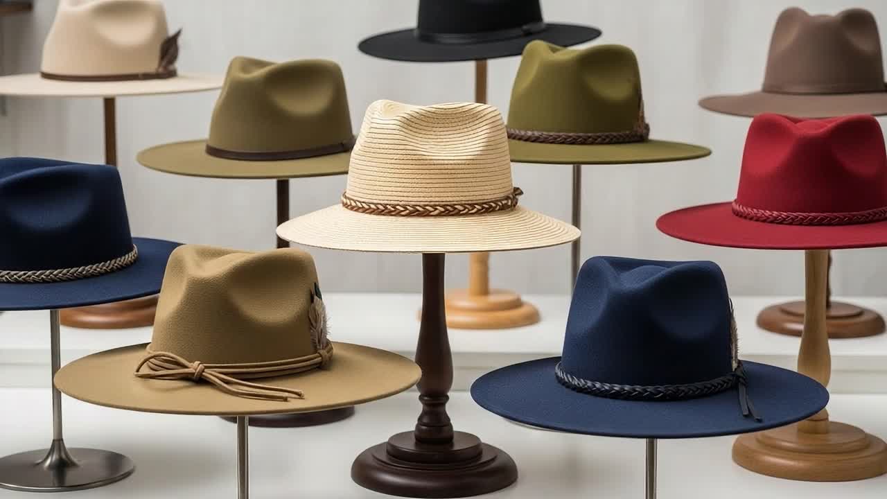 A Collection of Stylish Hats Displayed Elegantly on Stands, Showcasing Various Colors and Designs That Emphasize Modern Fashion Trends and Accessory Choices