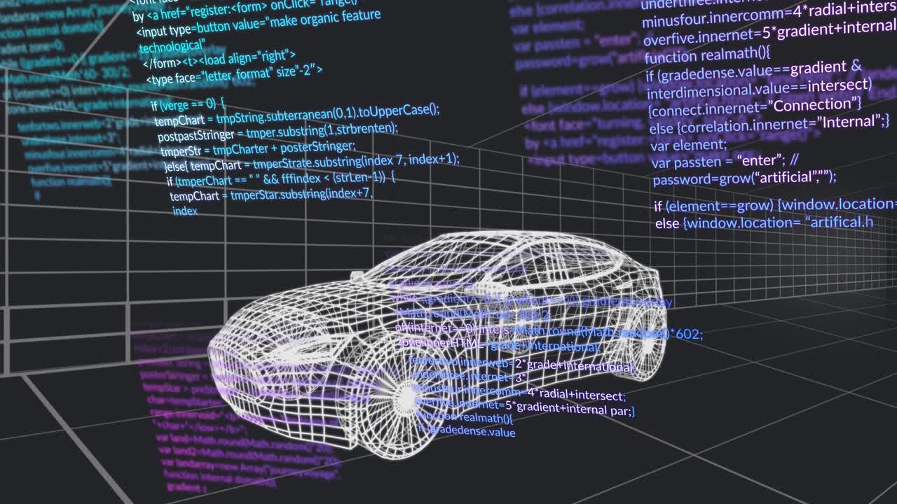 On playback start code snippets scrolling across 3D wireframe car model grid scene visualizing data