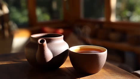 traditional tea set with steaming hot tea