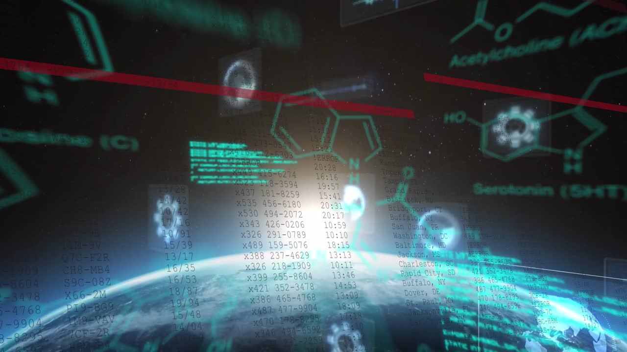 Animation of chemical structures and data processing against globe and light spot