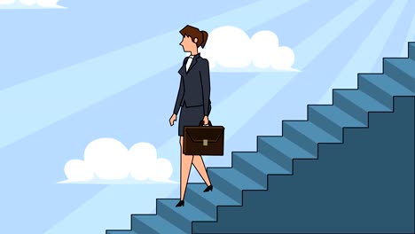 flat cartoon businesswoman character with case bag  goes down the career ladder stairs concept  animation