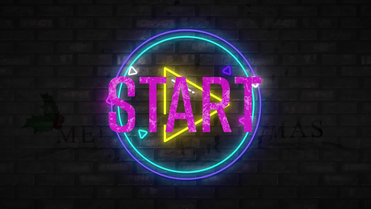 Animation of start text over neon pattern on black background