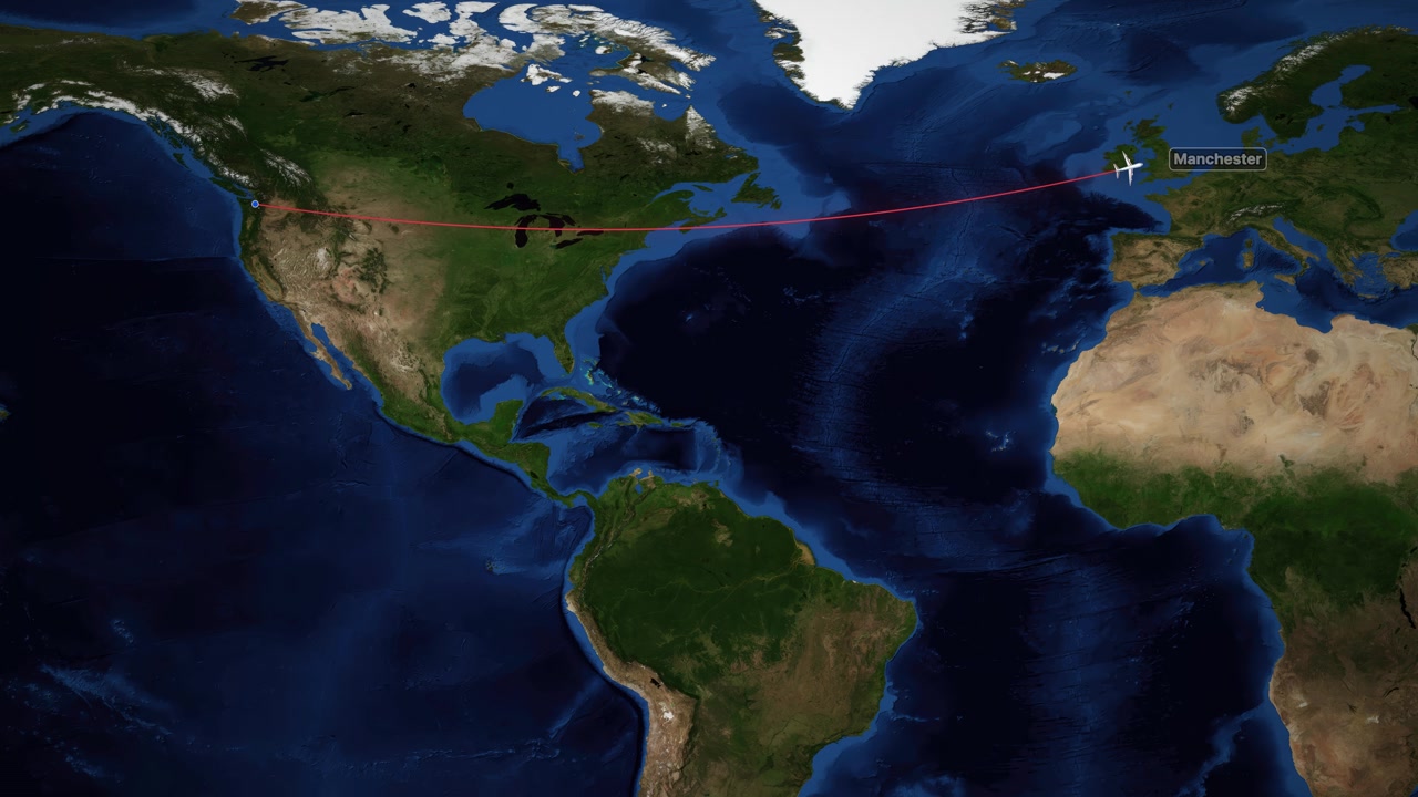 Satellite world map animation tracks a plane flying from Seattle to Manchester with red line
